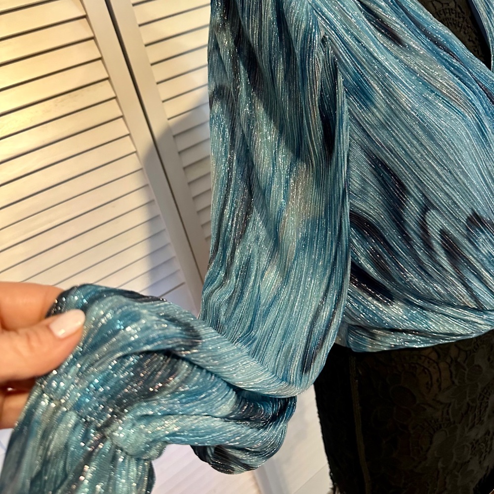 Ramy Brook Metallic Blue Wrap Blouse w/ Tie Waist - Picture 4 of 8